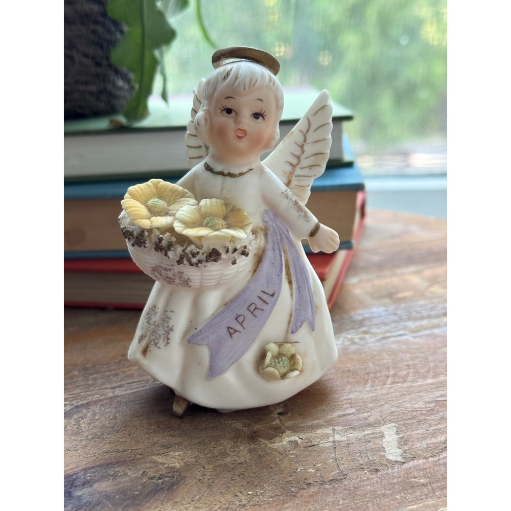 Vintage Lefton April Birthday Angel Figurine 3332 Japan Yellow Flower Basket